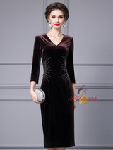 Burgundy Velvet Short Sleeve Mother Of The Bride Dress