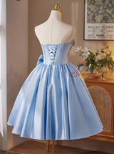 Blue Satin Strapless Bow Homecoming Dress