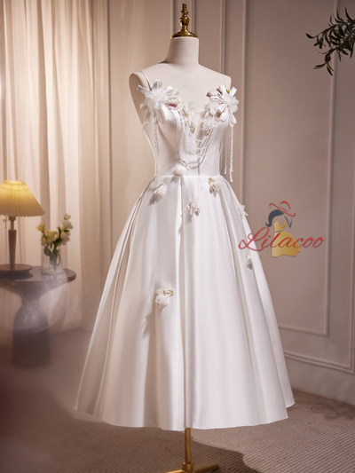 White Satin Straps Beading Flower Wedding Dress