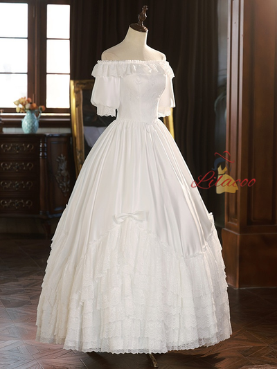 White Satin Lace Short Sleeve Wedding Dress