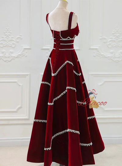 Burgundy Velvet Straps Prom Dress