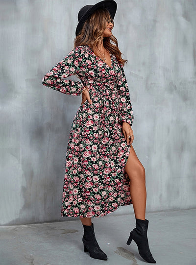Printed Slit V-neck Long Sleeve Dress