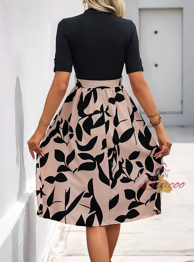 Fashion Printed Stitching Short-sleeved Dress