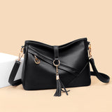 Soft Leather Slung Solid Color Tassel Shoulder Bag
