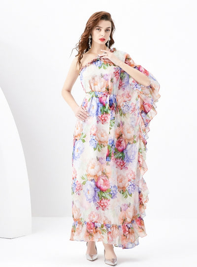 Trumpet Sleeves Ruffled Slim Chiffon Dress
