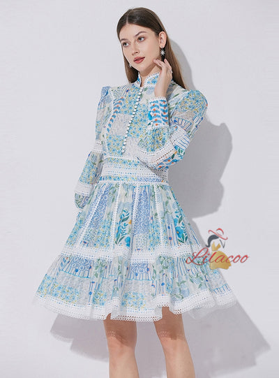 Lace Stitching Lantern Sleeves Dress