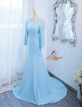 Blue Mermaid Pleats Beading Long Sleeve Prom Dress