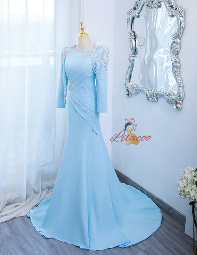 Blue Mermaid Pleats Beading Long Sleeve Prom Dress