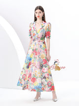 Short-sleeved V-neck Lace Floral Print Long Dress