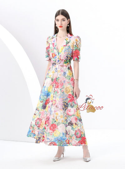 Short-sleeved V-neck Lace Floral Print Long Dress