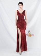 V-neck Sequins Split Prom Dress