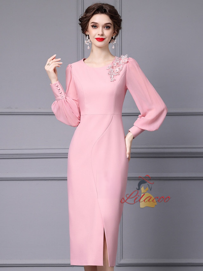 Pink Long Sleeve Mother Of The Bride Dress