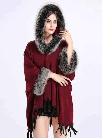 Large Size Loose Tassel Hooded Knitted Shawl Cloak