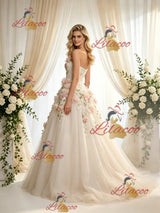 Ivory Tulle One Shoulder Appliques Wedding Dress