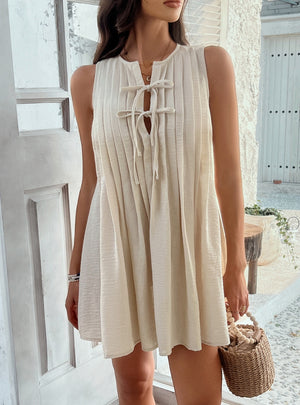 Solid Color Lace Pleated Sleeveless Dress