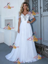 White V-neck Beading Wedding Dress