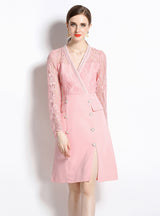 Pink V-neck Lace Long Sleeve Dress