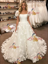 White Tulle Puff Sleeve Flower Wedding Dress