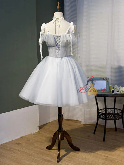Gray Tulle Long Sleeve Lace Homecoming Dress
