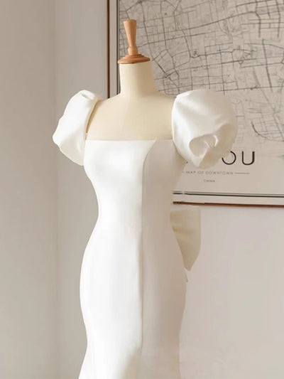Ivory Mermaid Backless Puff Sleeve Bow Wedding Dress