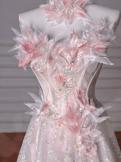 Pink Tulle Sequins Strapless 3D Flower Prom Dress