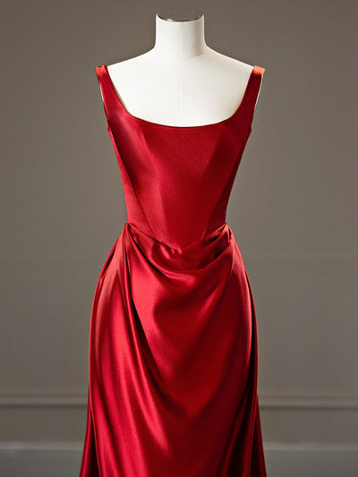 Burgundy Satin Straps Pleats Prom Dress