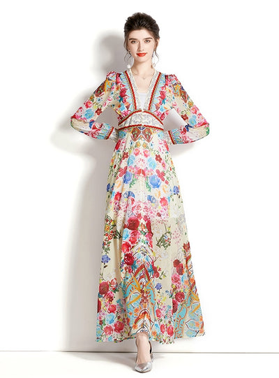 Long Sleeve Lantern Sleeve Printed Dress