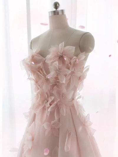 Pink Tulle Strapless 3D Flower Prom Dress