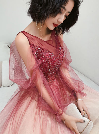 Burgundy Tulle Sequins Beading Long Sleeve Prom Dress