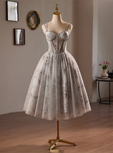 Gray Tulle Sequins Straps Beading Homecoming Dress