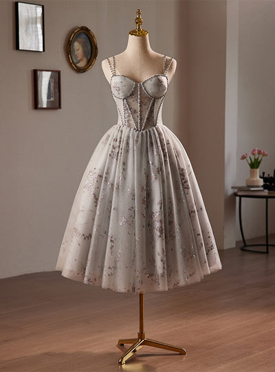 Gray Tulle Sequins Straps Beading Homecoming Dress