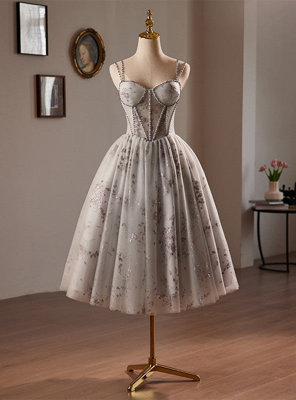 Gray Tulle Sequins Straps Beading Homecoming Dress