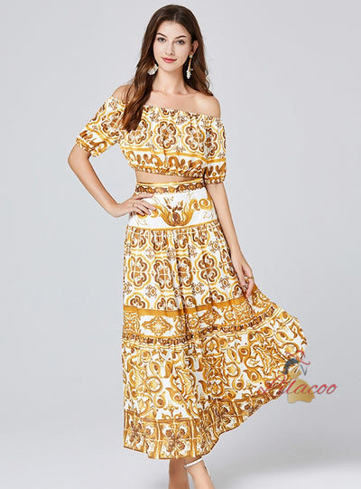 Retro Off the Shoulder Printed Skirt Dress