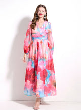 Palace V-neck Lantern Sleeve Printed Long Dress