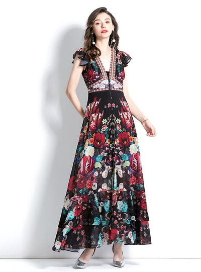 Retro Deep V-neck Printed Long Dress