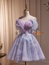 Purple Tulle Sequins Off the Shoulder Homecoming Dress