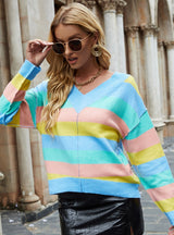 V-neck Knitted Long Sleeve Striped Sweater