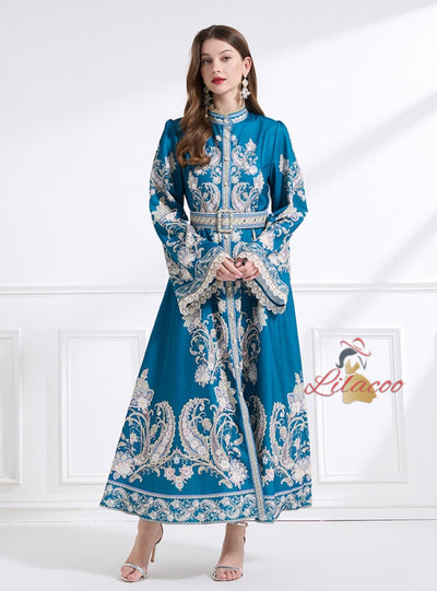 Retro Flared Sleeve Round Neck Printed Dress