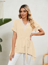 Solid Color Jacquard V-neck Loose Lace Chiffon Top