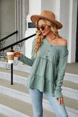 Solid Color V-neck Button Loose Long Sleeve T-shirt