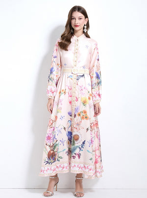 Retro Palace Printed Button Lantern Sleeve Dress