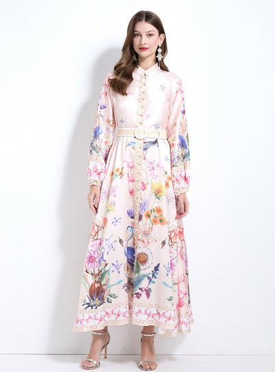 Retro Palace Printed Button Lantern Sleeve Dress