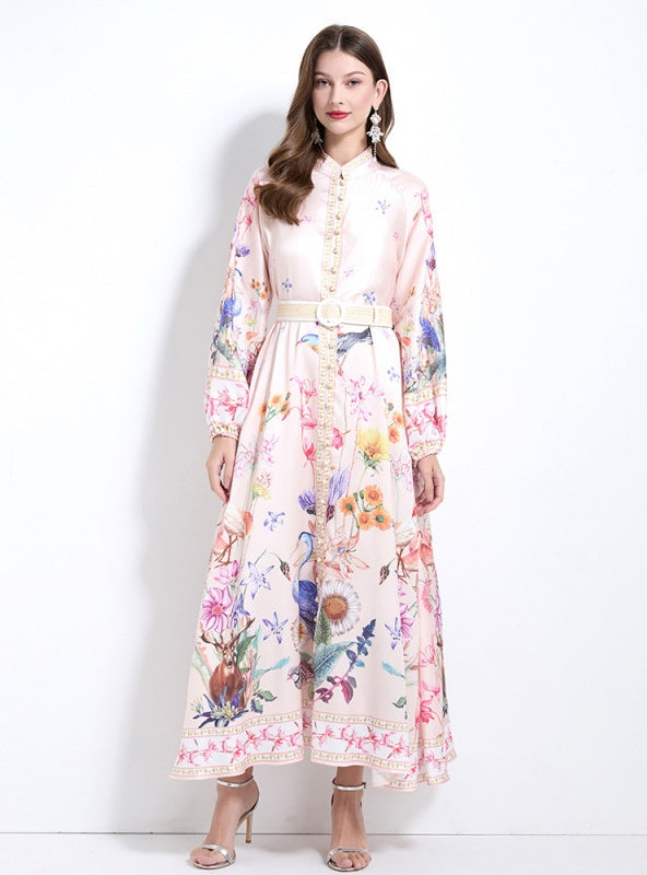 Retro Palace Printed Button Lantern Sleeve Dress