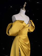 Yellow Satin Pleats Beading Prom Dress