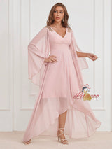 Pink Chiffon V-neck Prom Dress