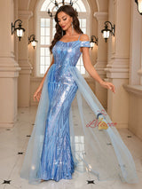 Blue Seuqins Tulle Straps Prom Dress