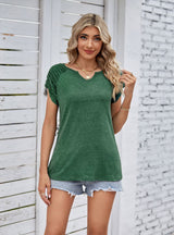 Solid Color U-neck Loose Pleated Short Sleeve T-shirt
