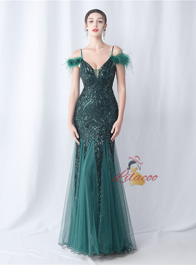 Sequins Tulle Spaghetti Straps Prom Dress