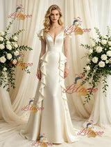 Ivory Satin Long Sleeve Beading Wedding Dress