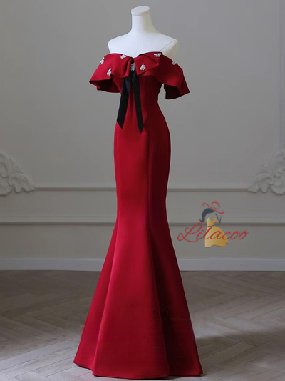 Burgundy Mermaid Off the Shoulder Pearls Prom Dress